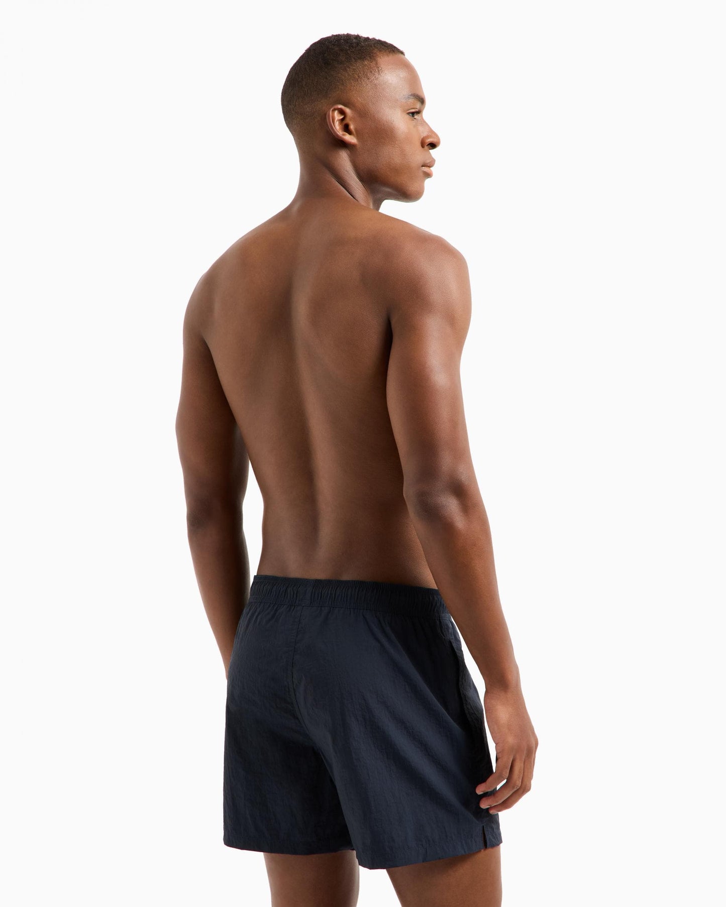 Emporio Armani Mens Swim Shorts with Vertical Logo Embroidery - Armani Blue