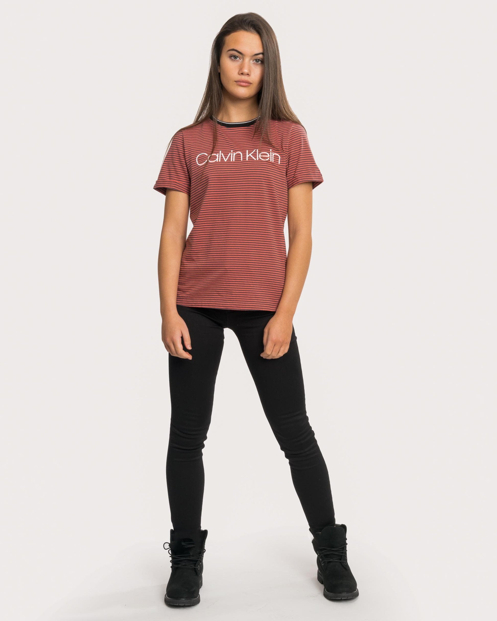 Calvin Klein Thin Stripe Logo Womens Tee