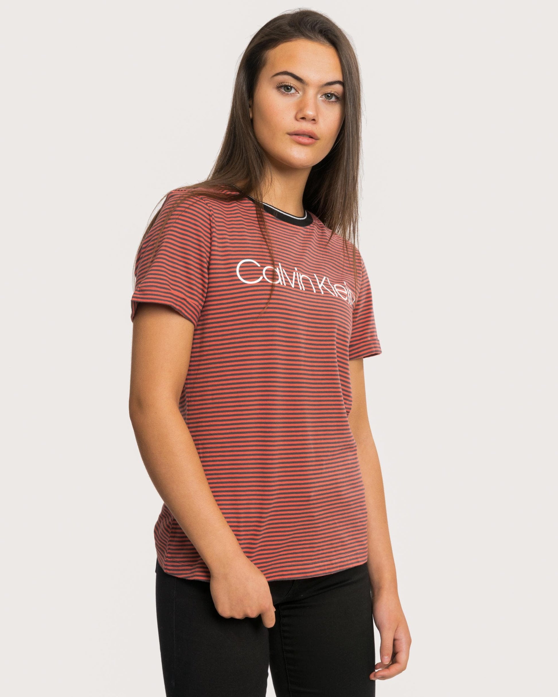 Calvin Klein Thin Stripe Logo Womens Tee