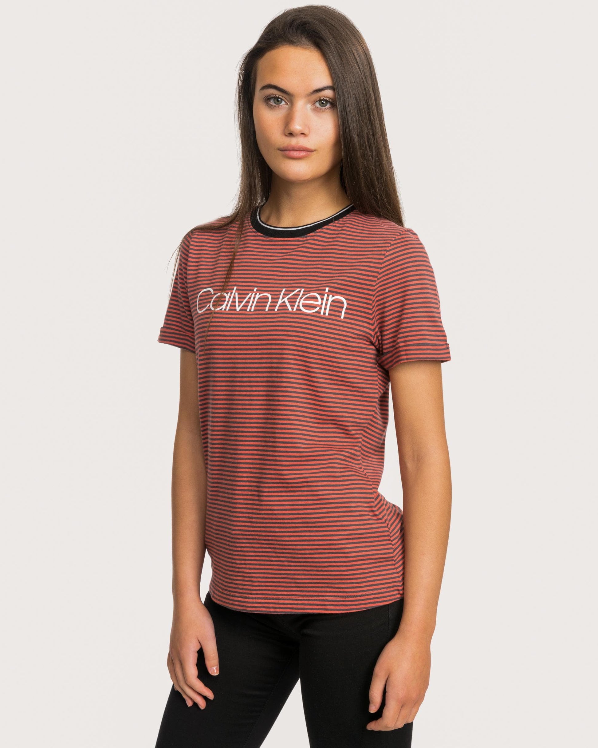 Calvin Klein Thin Stripe Logo Womens Tee
