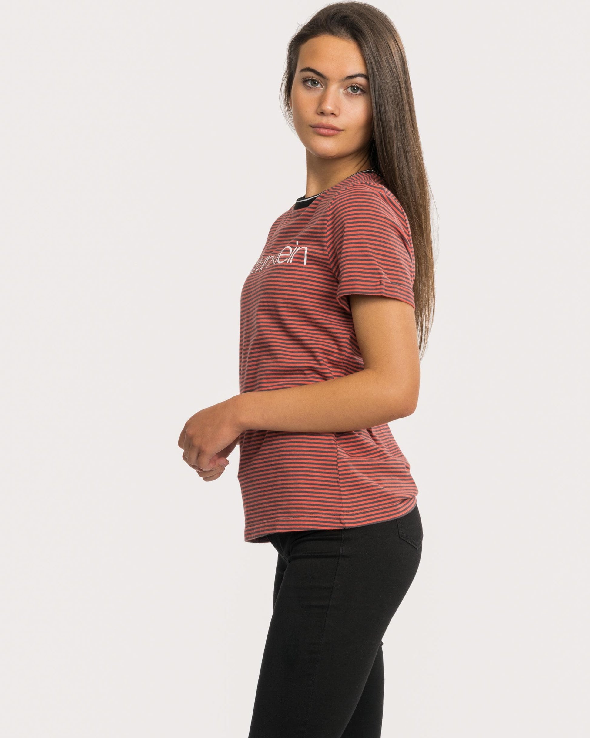 Calvin Klein Thin Stripe Logo Womens Tee