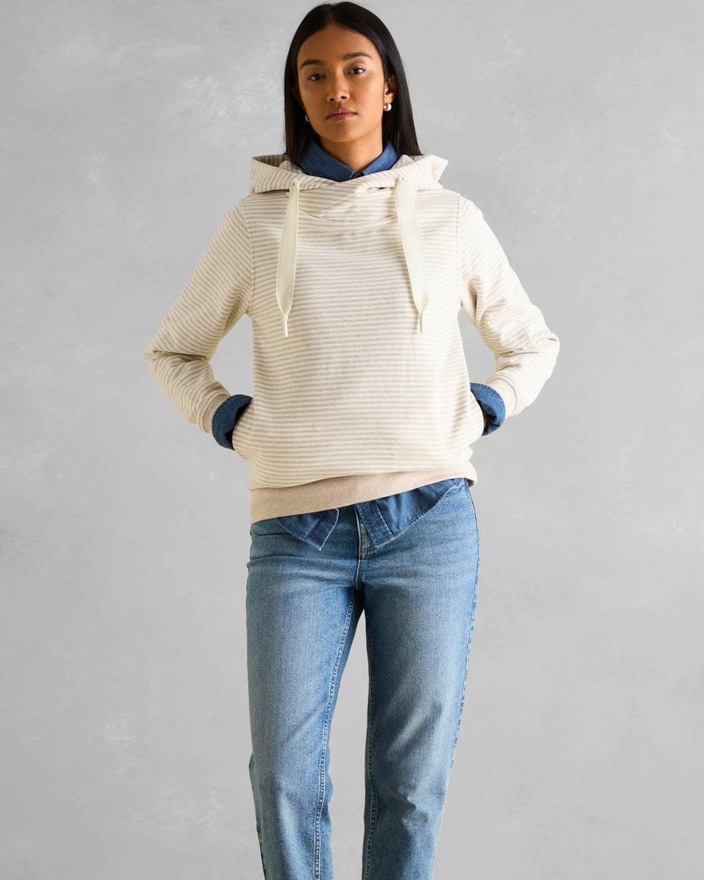Joules Rushton Womens Cowl Neck Hoodie - Oat Stripe