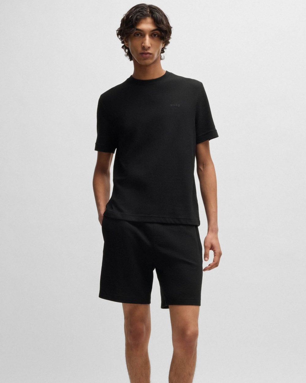 HUGO HUGO Austin Mens Waffle-Structured Pyjama T-Shirt with Embroidered Logo