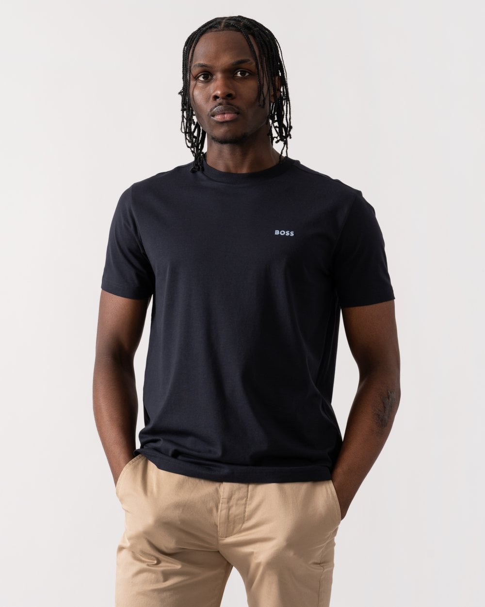 BOSS Green Tee Mens Stretch Cotton T-Shirt with Contrast Logo - Dark Blue 405