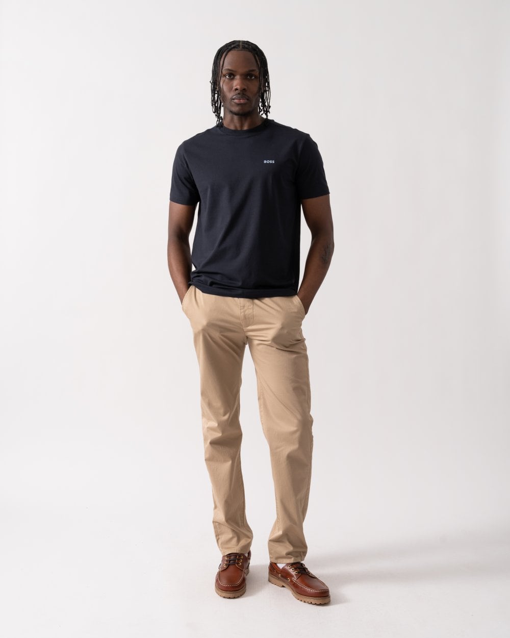 BOSS Green Tee Mens Stretch Cotton T-Shirt with Contrast Logo - Dark Blue 405