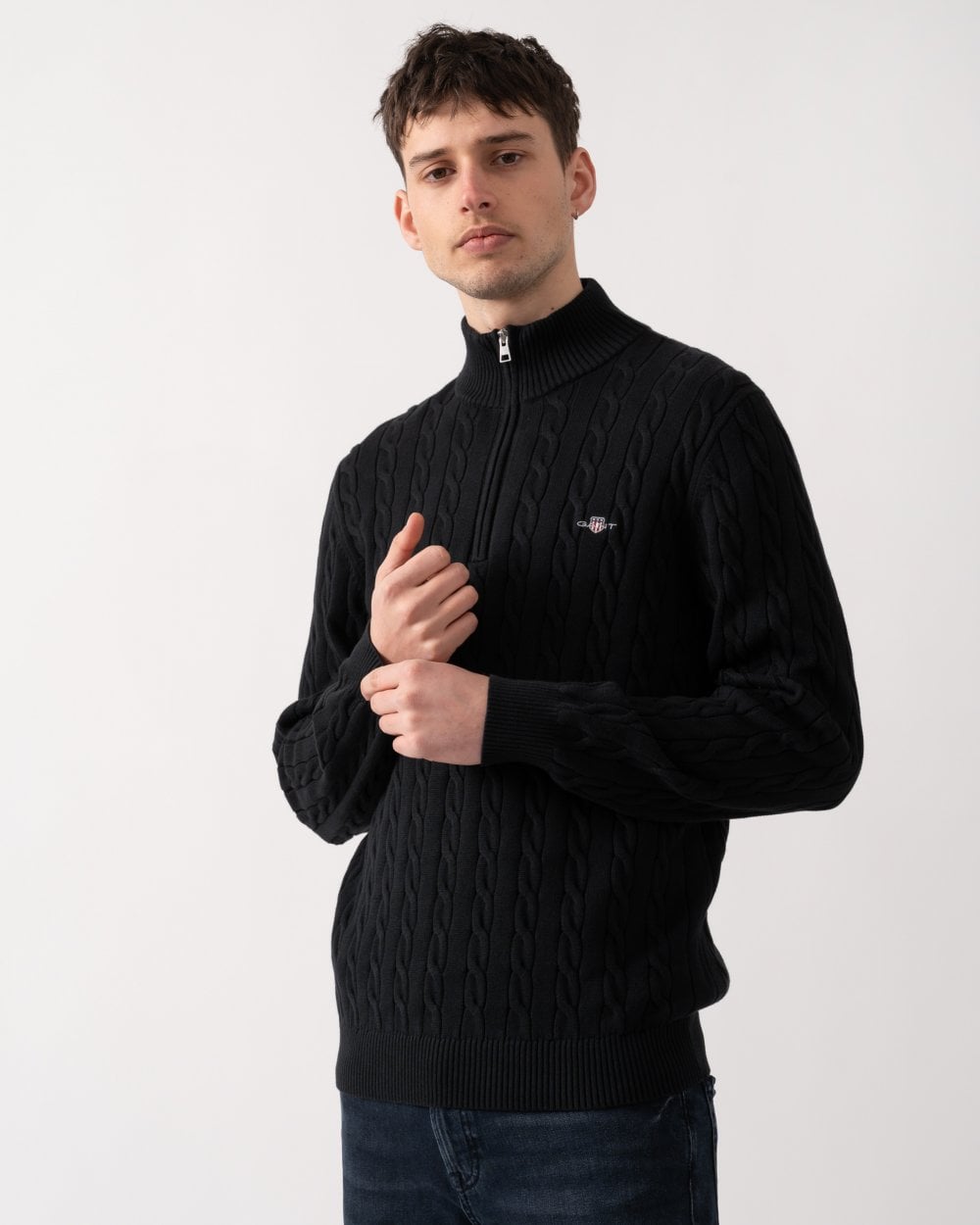 GANT Mens Cotton Cable Half Zip Jumper - 5 Black
