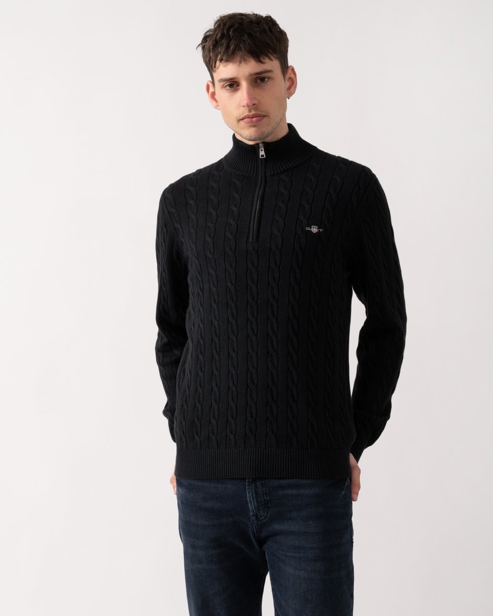 GANT Mens Cotton Cable Half Zip Jumper - 5 Black