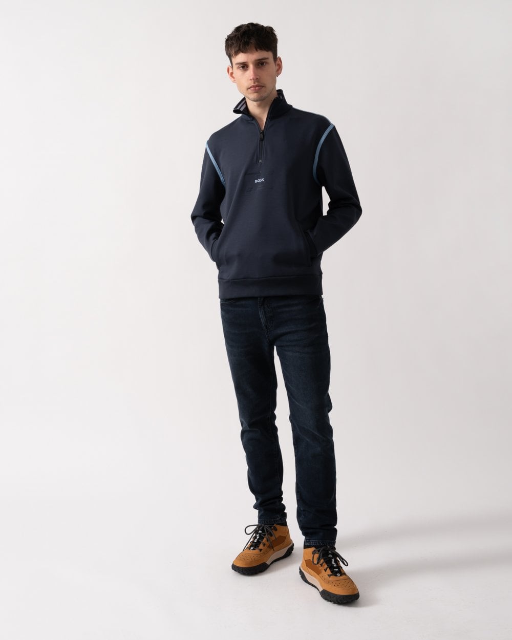 BOSS Green Sweat Tape Mens 1/4 Zip Sweatshirt - Dark Blue 402