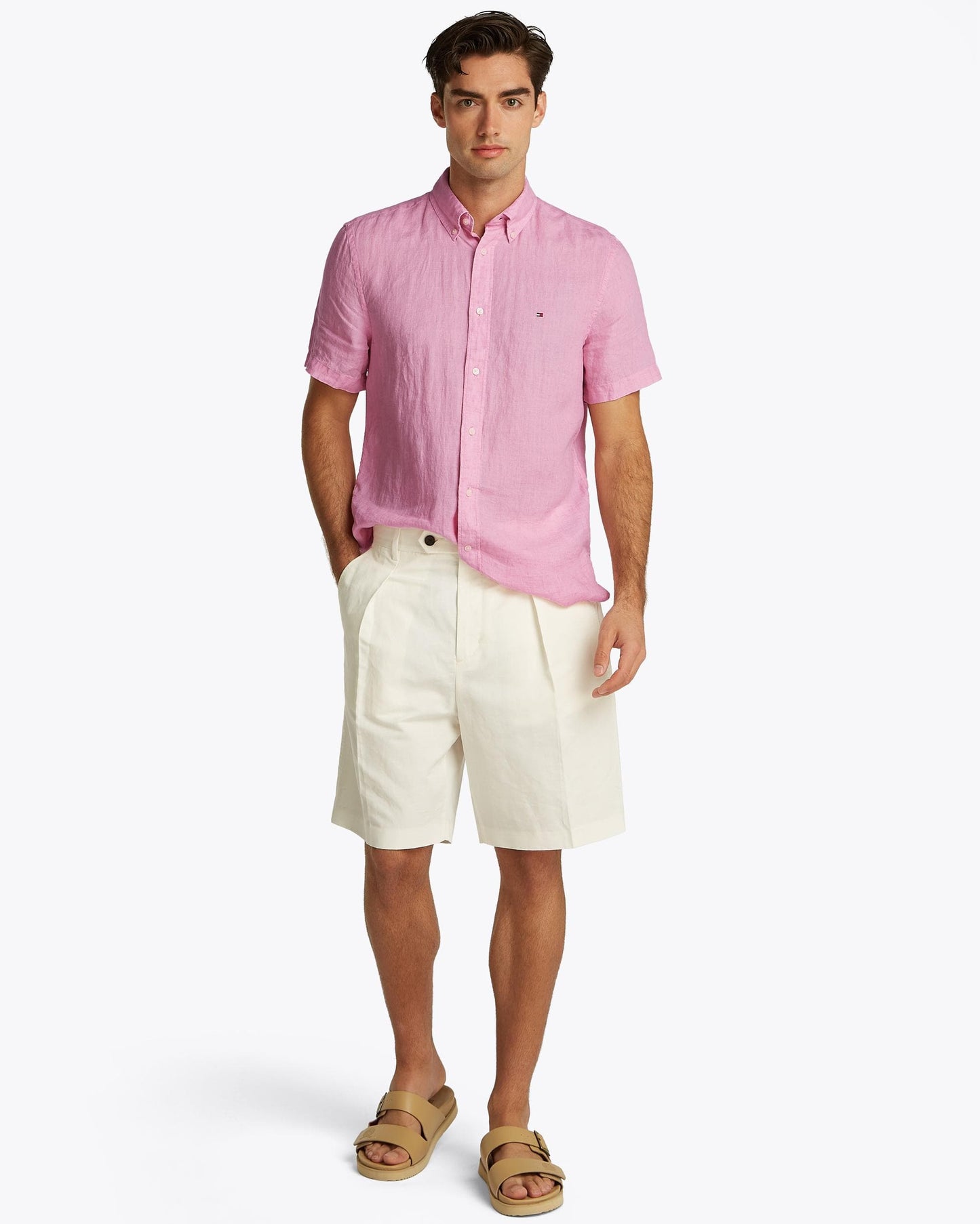 Tommy Hilfiger Pigment Dyed Linen Short Sleeve Mens Shirt - Classic Pink