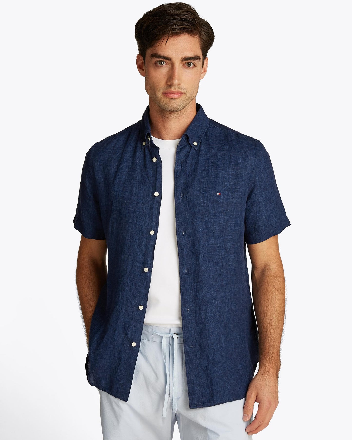 Tommy Hilfiger Pigment Dyed Linen Short Sleeve Mens Shirt - Carbon Navy