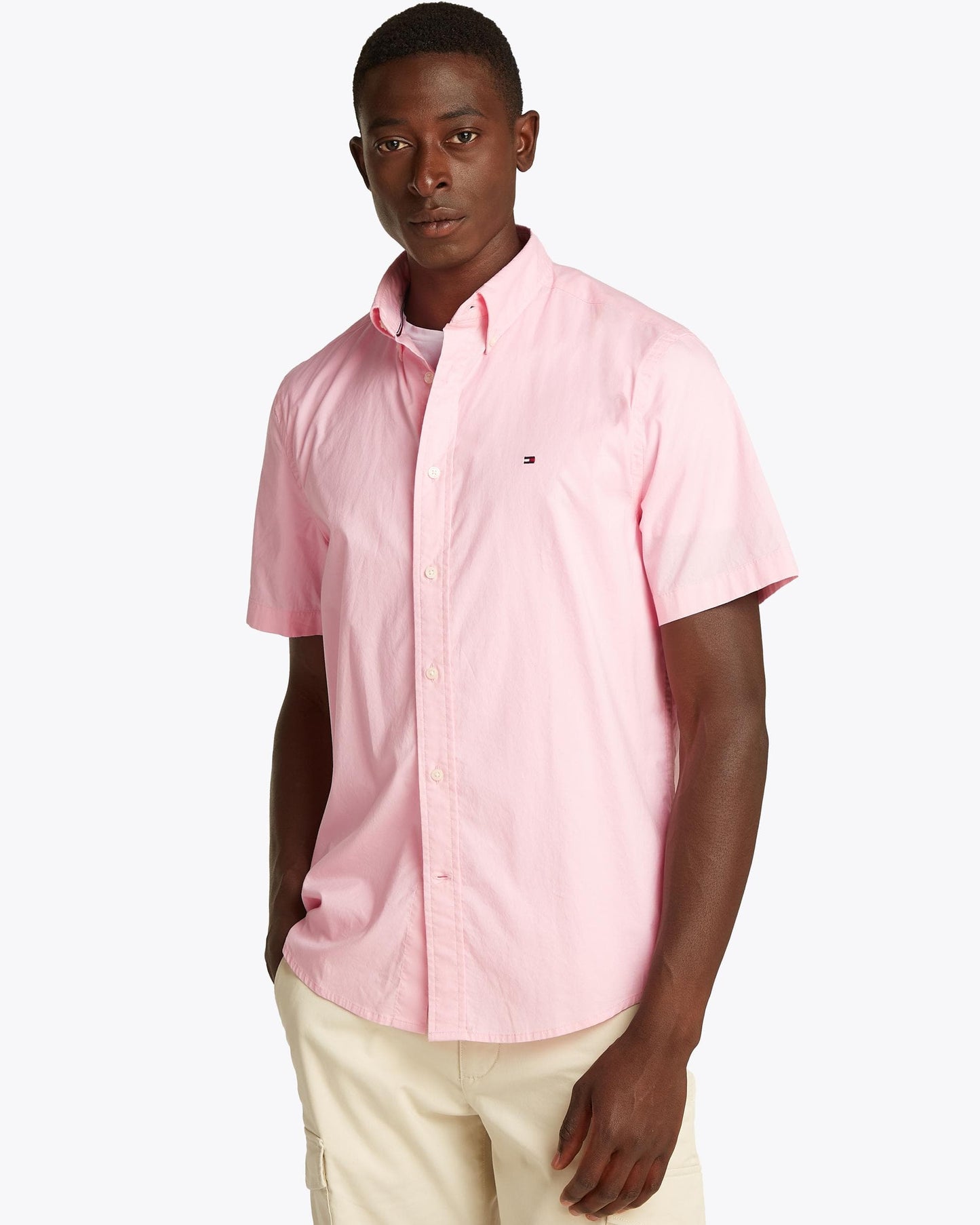 Tommy Hilfiger Flex Poplin Solid Short Sleeve Mens Shirt - Classic Pink
