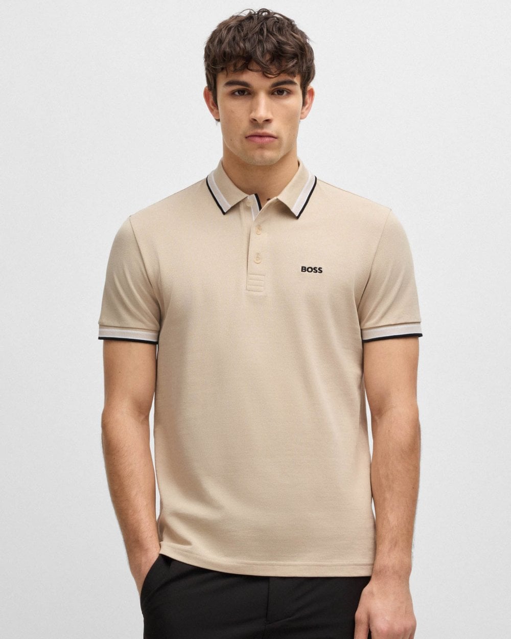 BOSS Green Paddy Mens Cotton-Piqué Polo Shirt with Contrast Logo - Open Beige 284