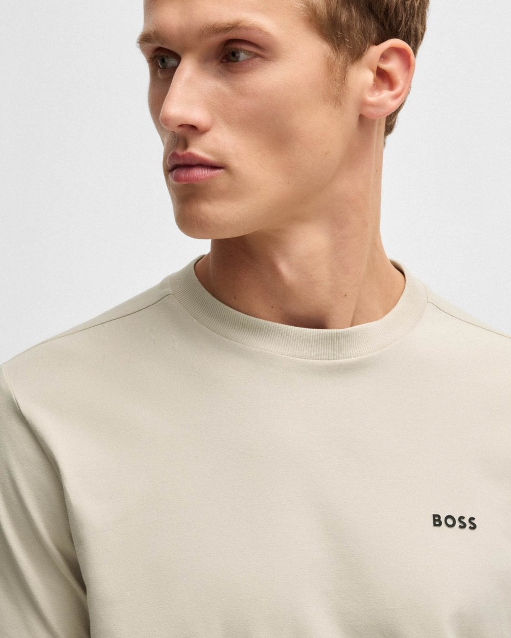 BOSS Green Tee Mens Stretch Cotton T-Shirt with Contrast Logo - Open Beige 284