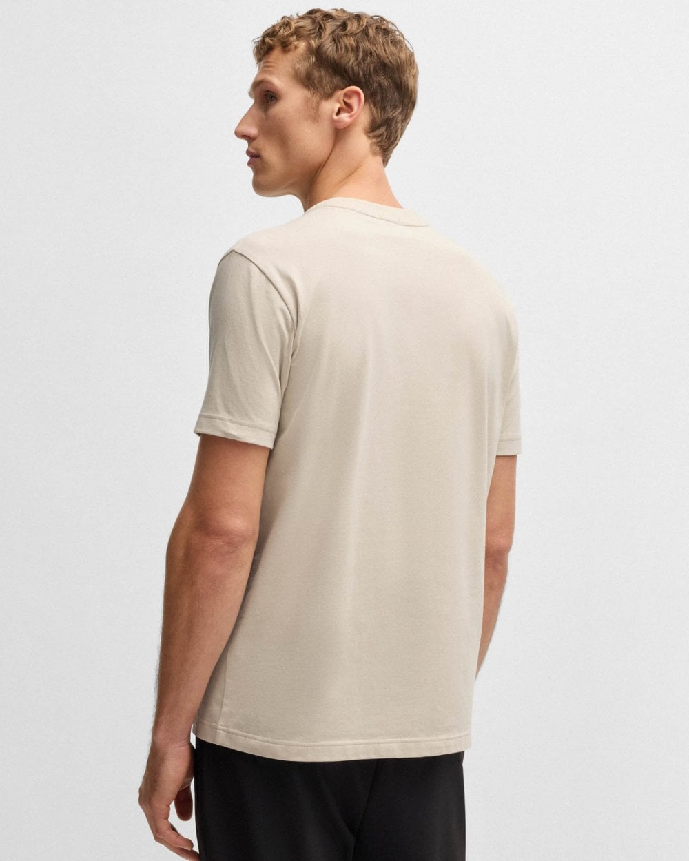 BOSS Green Tee Mens Stretch Cotton T-Shirt with Contrast Logo - Open Beige 284