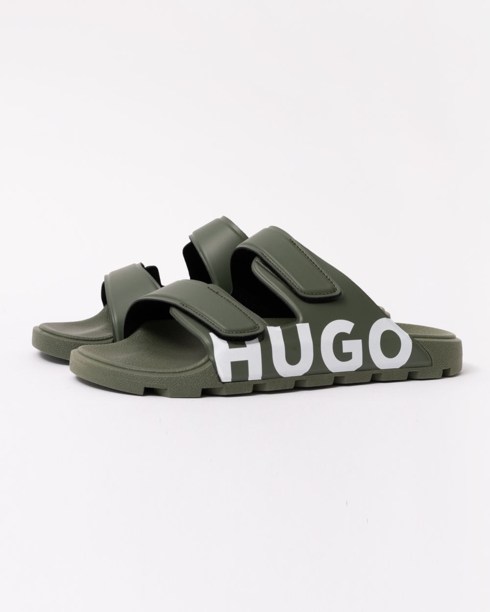 HUGO Evander Mens Logo Sandals with Double Touch-Closure Straps - Dark Green 306