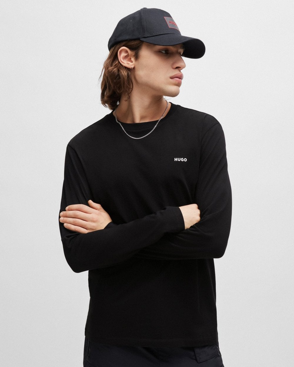 HUGO Derol222 Mens Long-Sleeved T-Shirt in Cotton Jersey with Logo Print NOS - Black 001