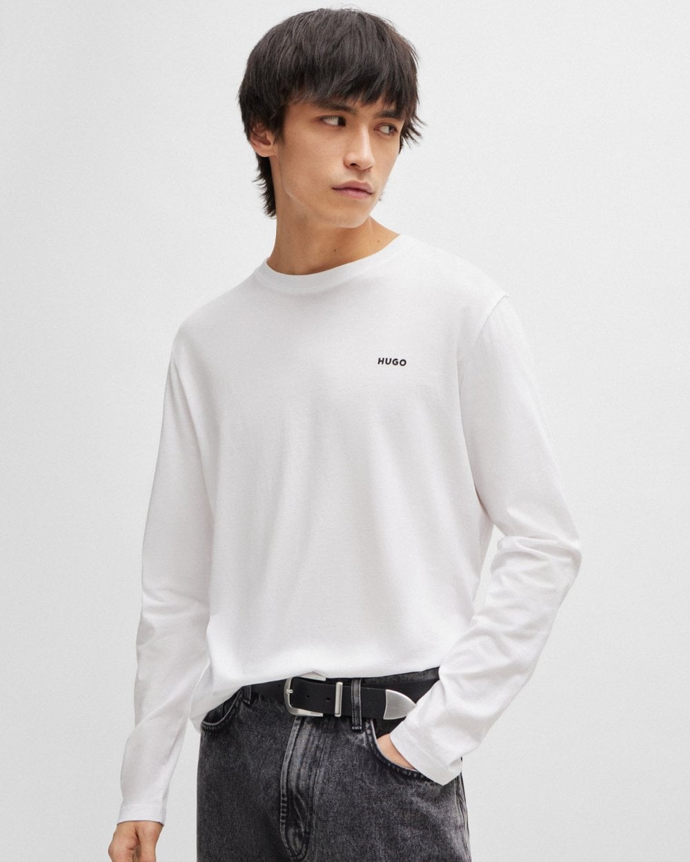 HUGO Derol222 Mens Long-Sleeved T-Shirt in Cotton Jersey with Logo Print NOS - White 100