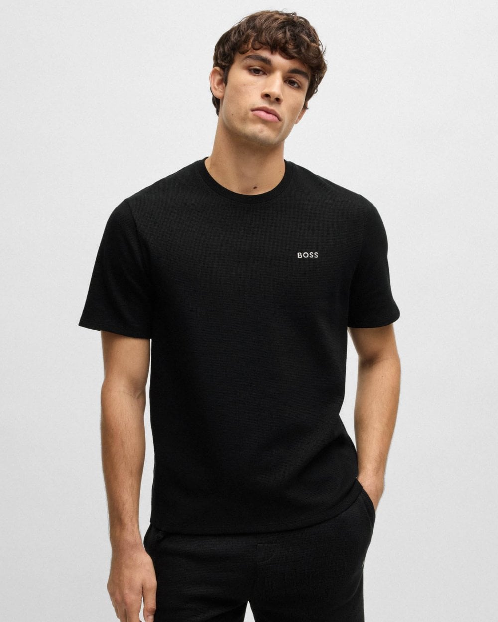 BOSS Orange Waffle Mens Cotton-Blend Pyjama T-Shirt with Embroidered Logo NOS - Black 001
