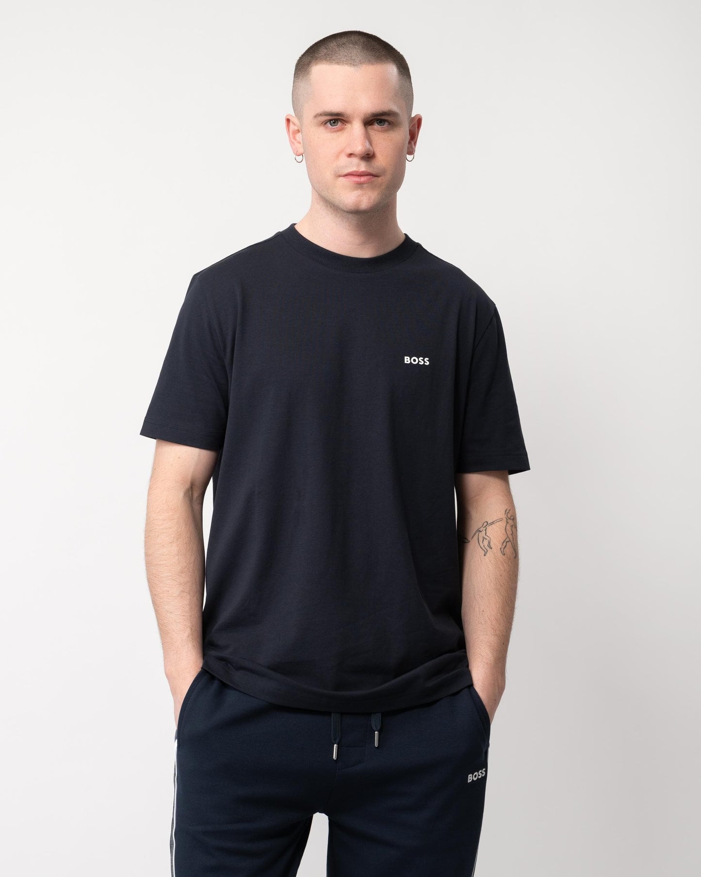 BOSS Green Tee Mens Stretch Cotton T-Shirt with Contrast Logo - Dark Blue 403