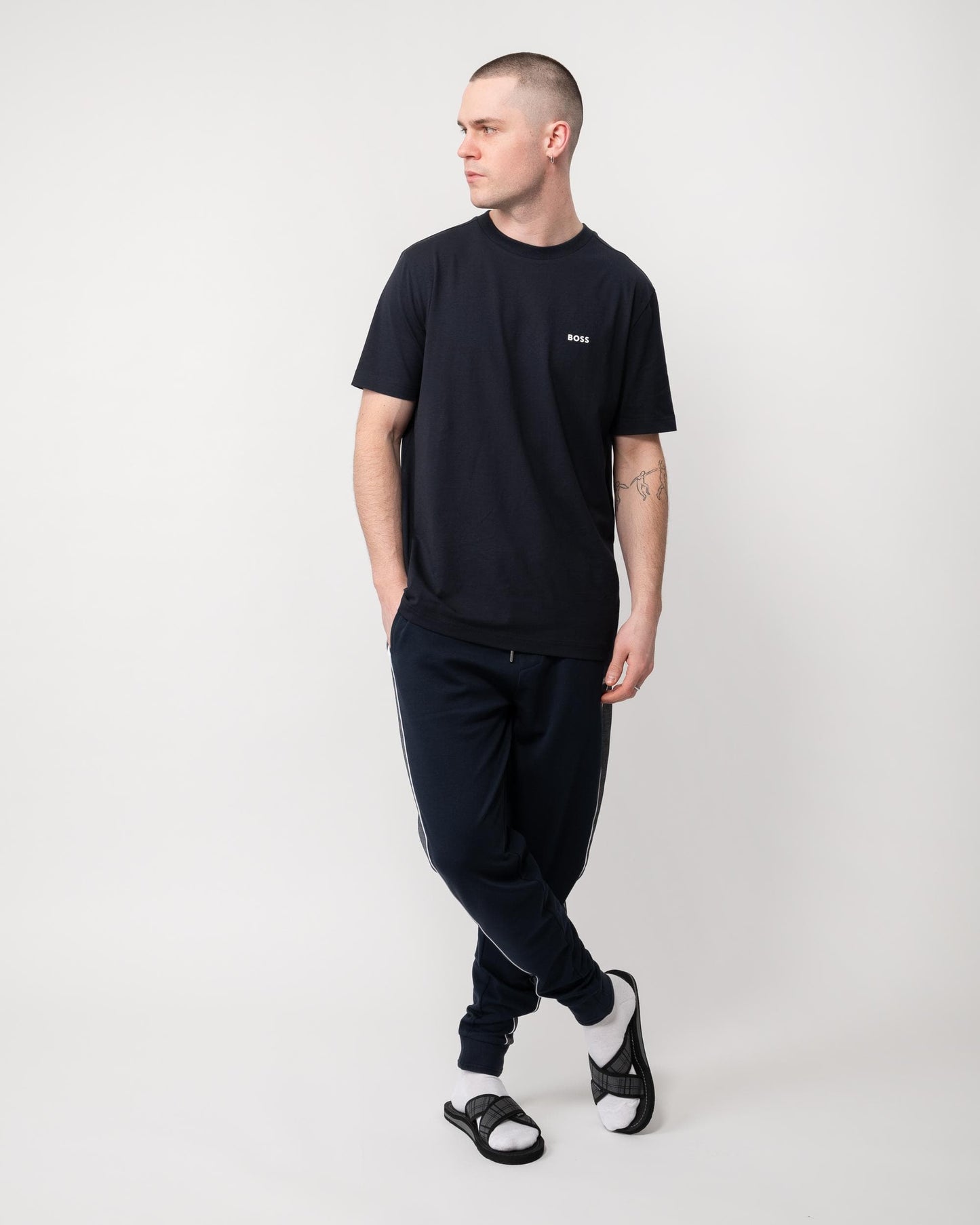 BOSS Green Tee Mens Stretch Cotton T-Shirt with Contrast Logo - Dark Blue 403