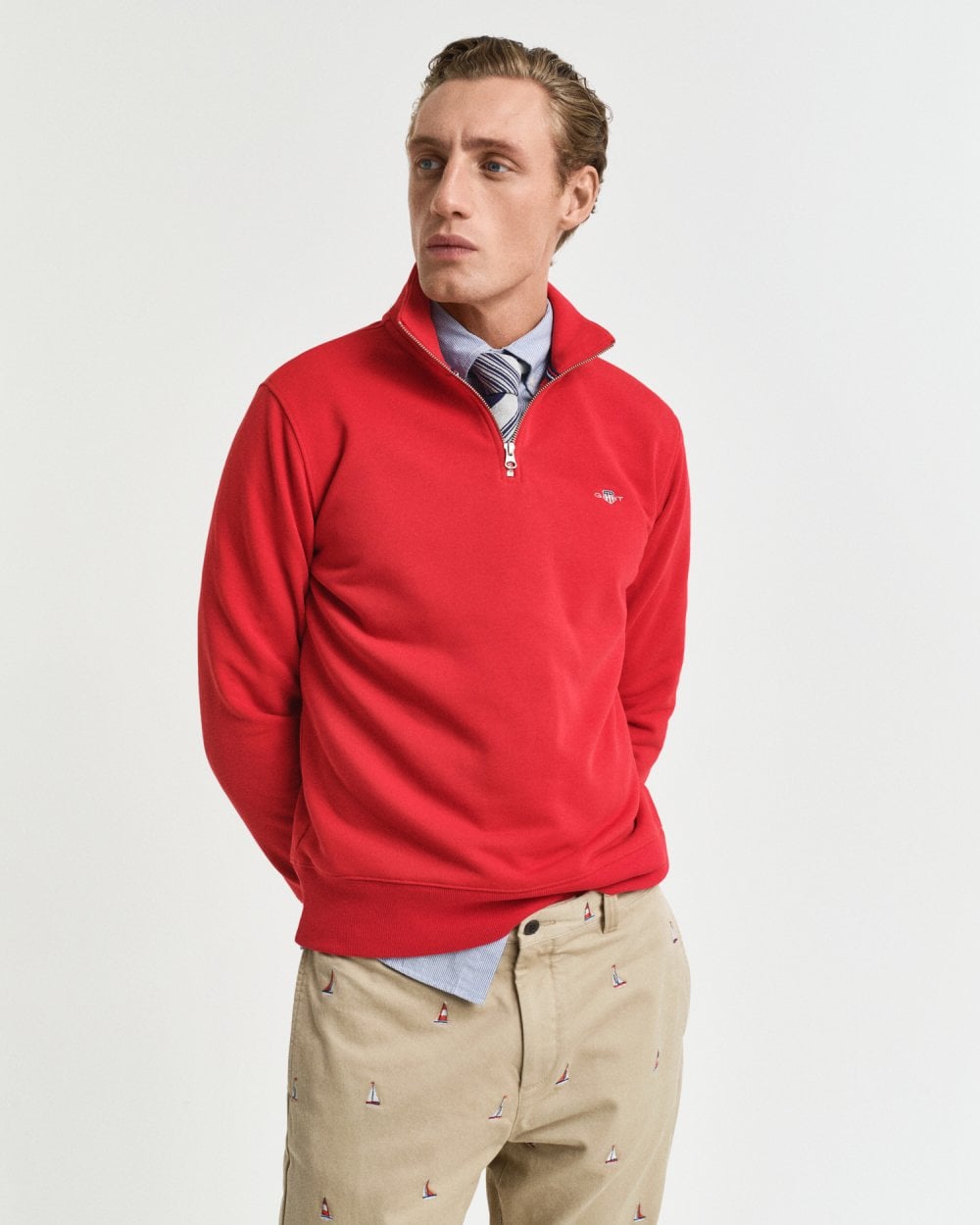GANT Mens Regular Fit Shield Logo Half Zip Sweatshirt - 630 Ruby Red
