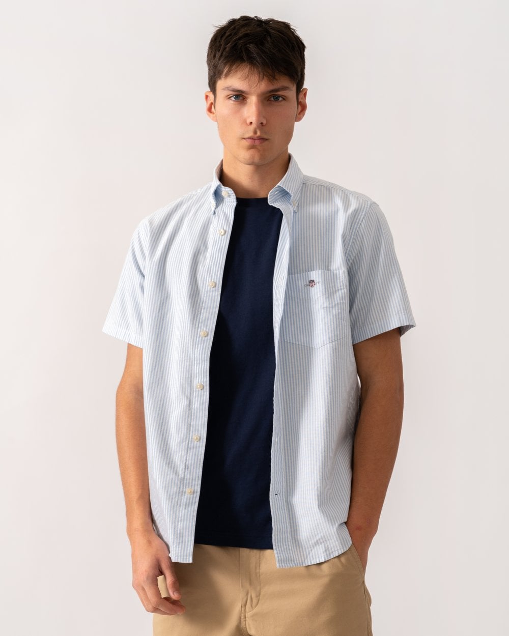 GANT Mens Regular Fit Classic Oxford Stripe Short Sleeve Shirt - 455 Light Blue