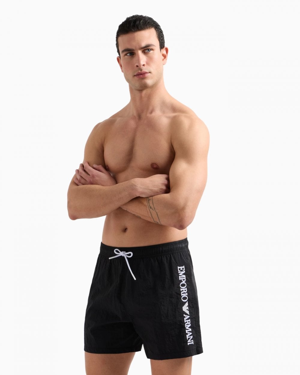 Emporio Armani Mens Swim Shorts with Vertical Logo Embroidery - Black