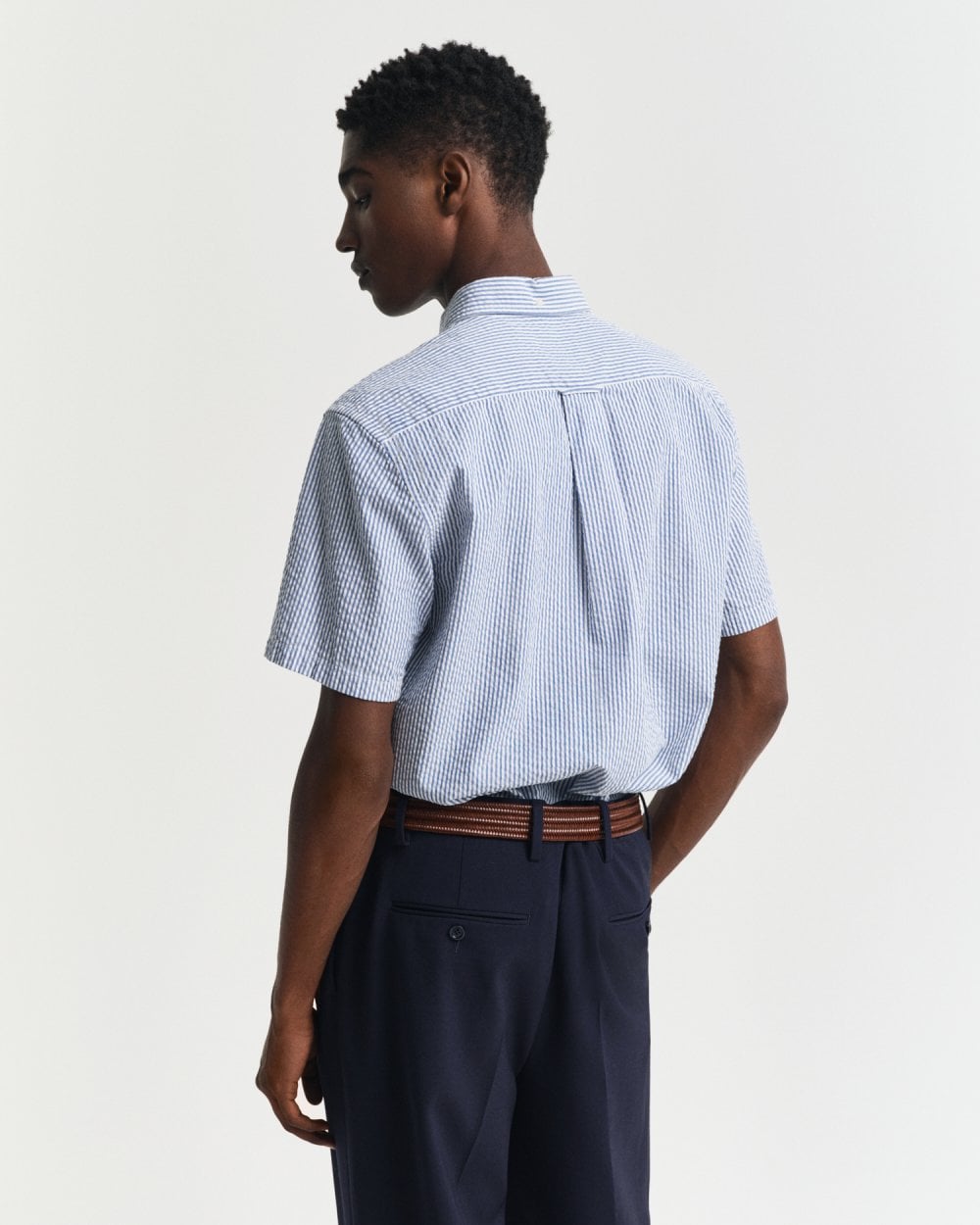 GANT Mens Regular Fit Seersucker Stripe Short Sleeve Shirt - 407 Rich Blue
