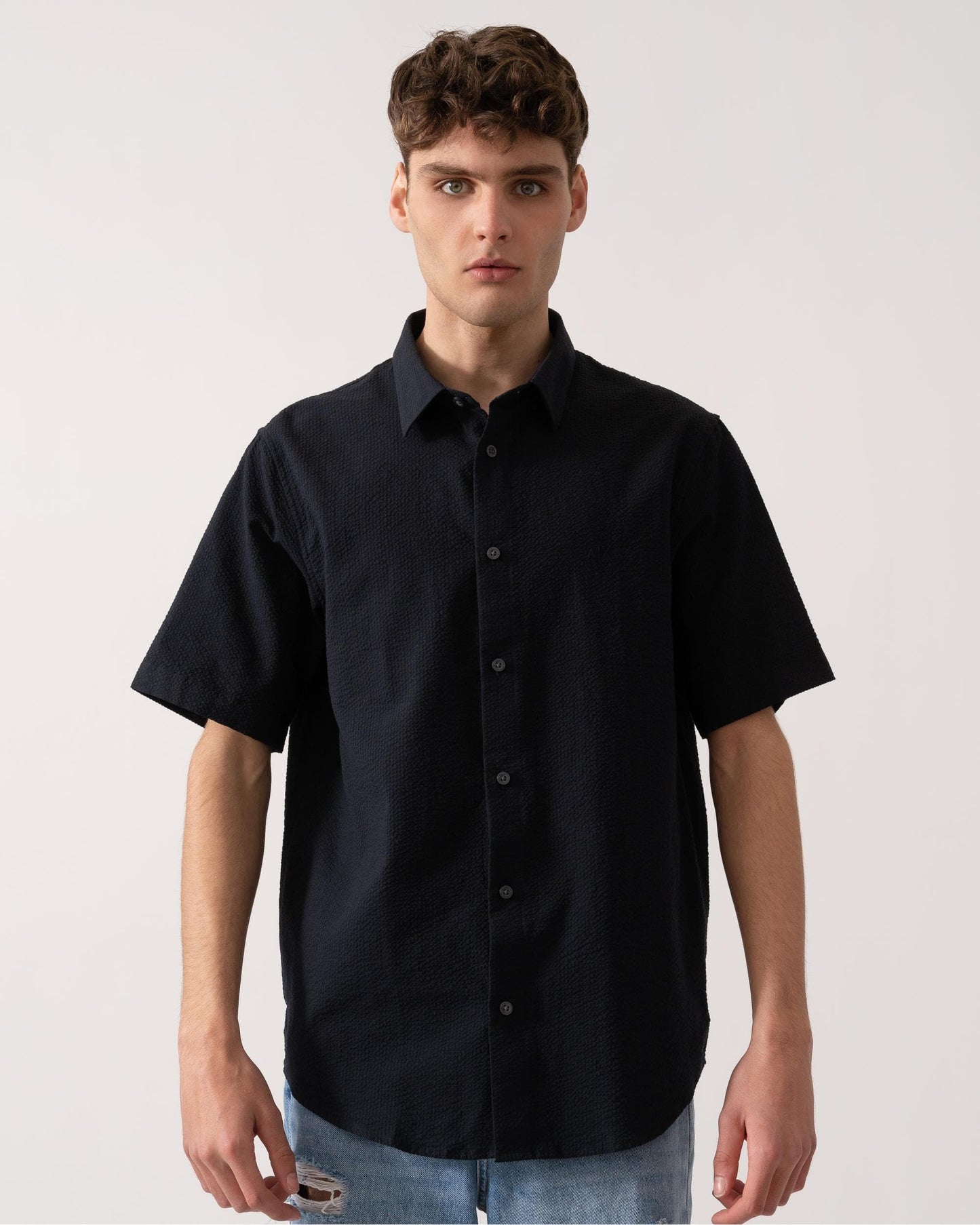 Armani Exchange Mens Short Sleeved Seersucker Shirt - Deep Navy UB101