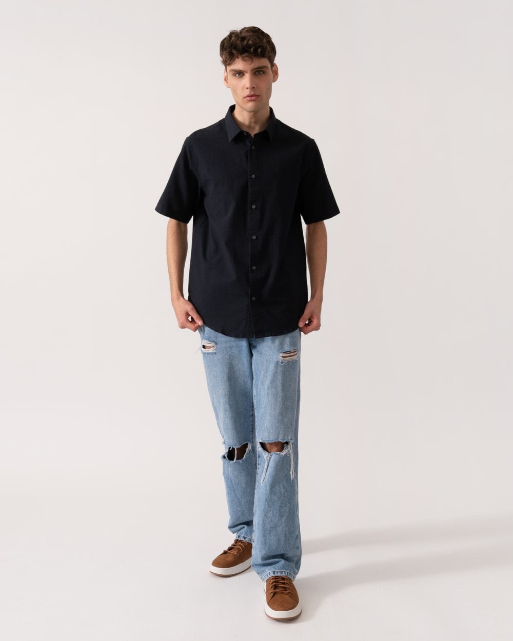 Armani Exchange Mens Short Sleeved Seersucker Shirt - Deep Navy UB101