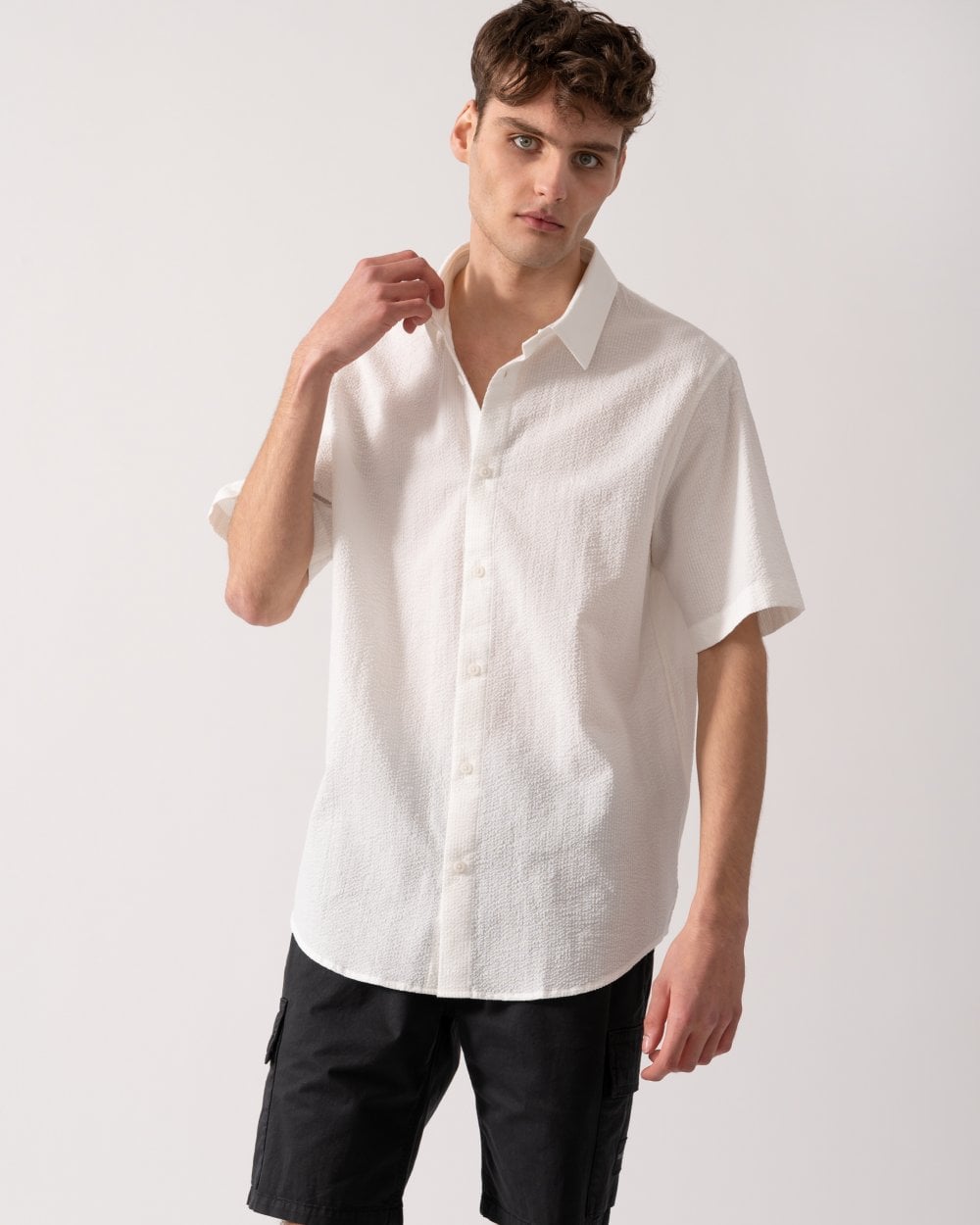 Armani Exchange Mens Short Sleeved Seersucker Shirt - Off White U0009