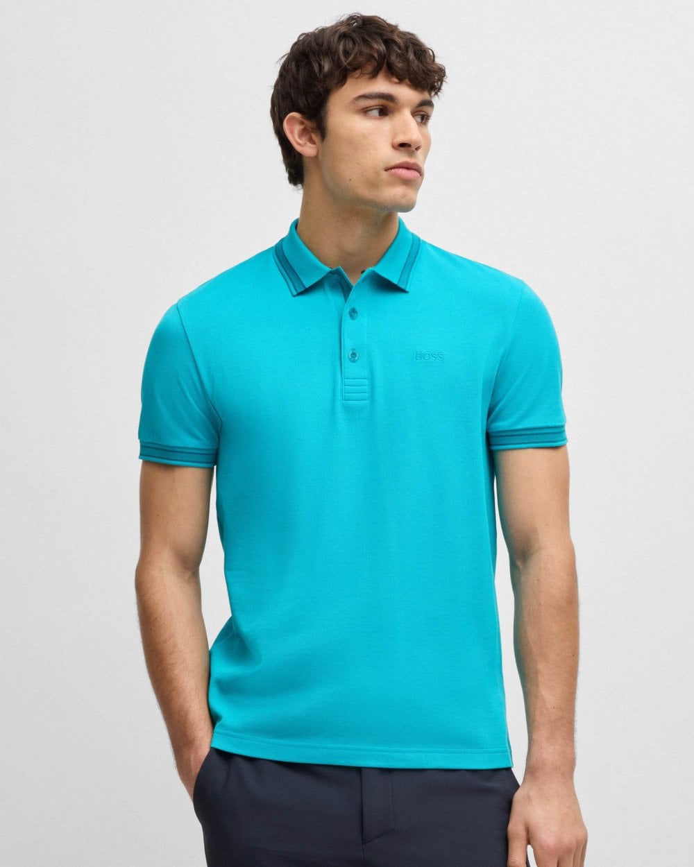 BOSS Green Paddy Mens Cotton-Piqué Polo Shirt with Contrast Logo - Light/Pastel Blue 458