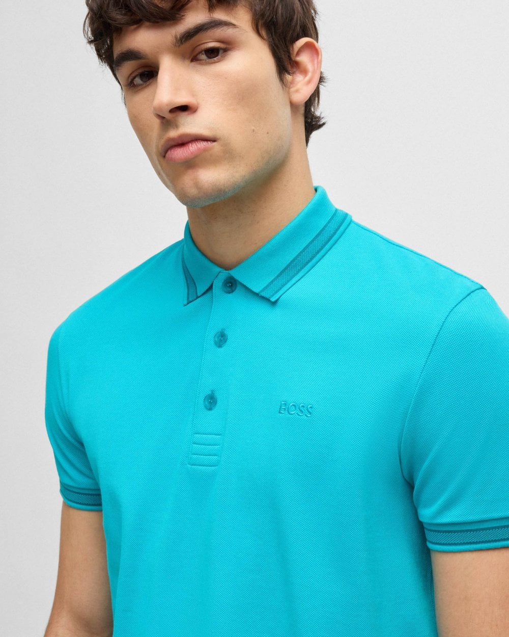 BOSS Green Paddy Mens Cotton-Piqué Polo Shirt with Contrast Logo - Light/Pastel Blue 458