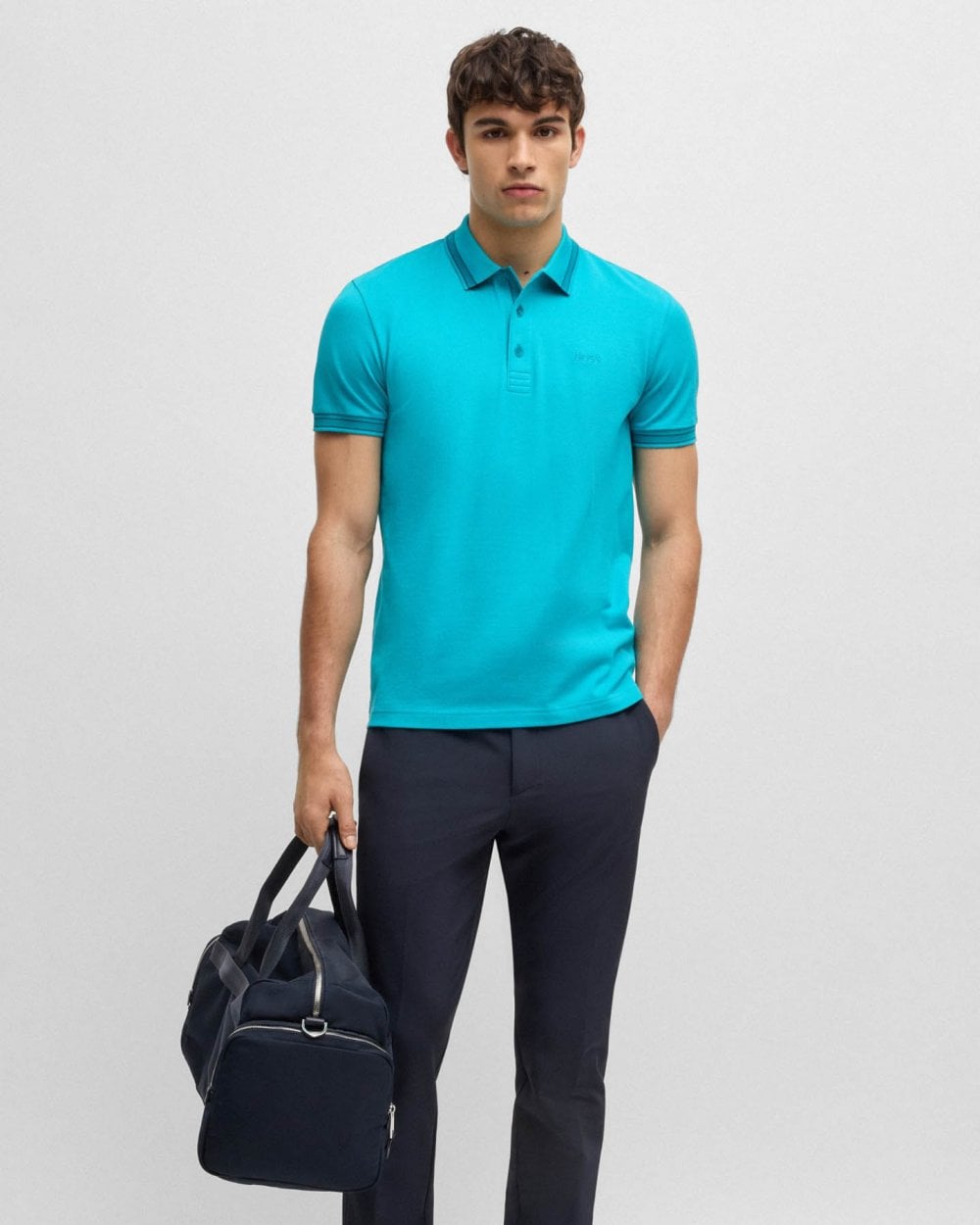 BOSS Green Paddy Mens Cotton-Piqué Polo Shirt with Contrast Logo - Light/Pastel Blue 458