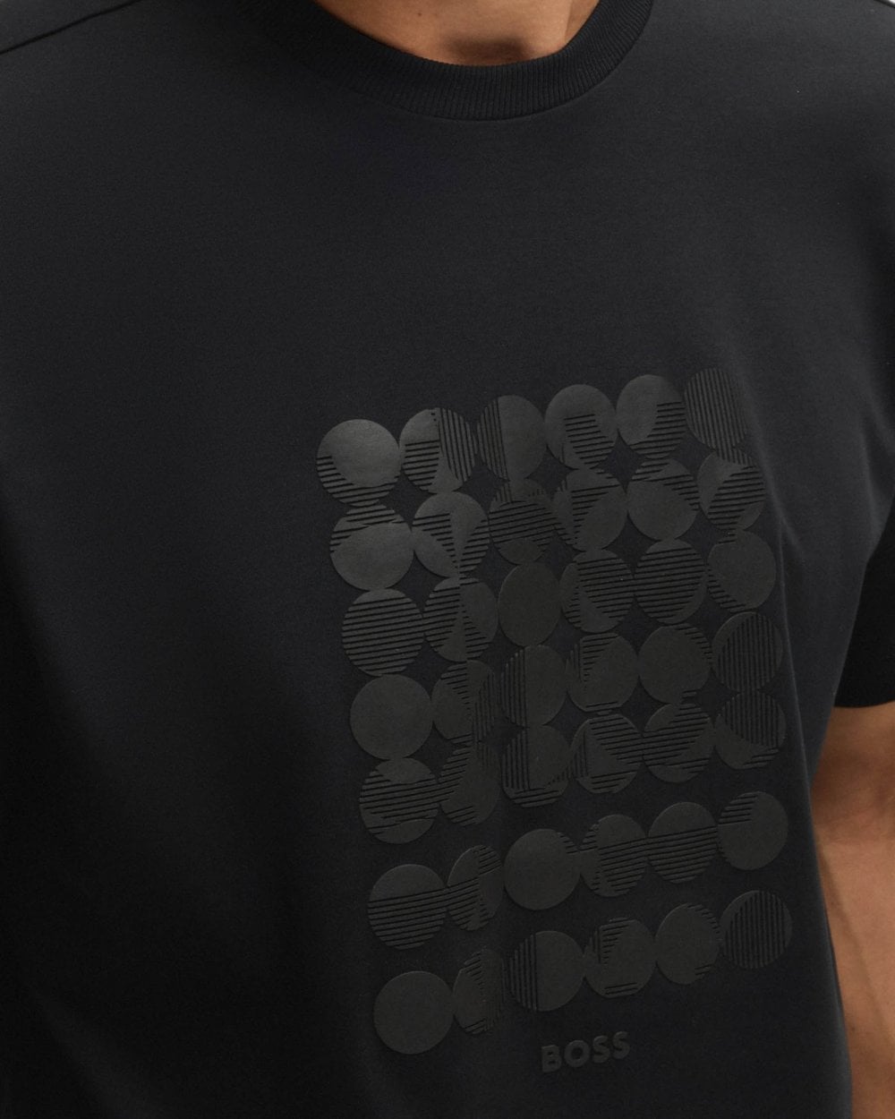 BOSS Green Tee Mens Interlock-Cotton T-Shirt with Circle Artwork - Black 001