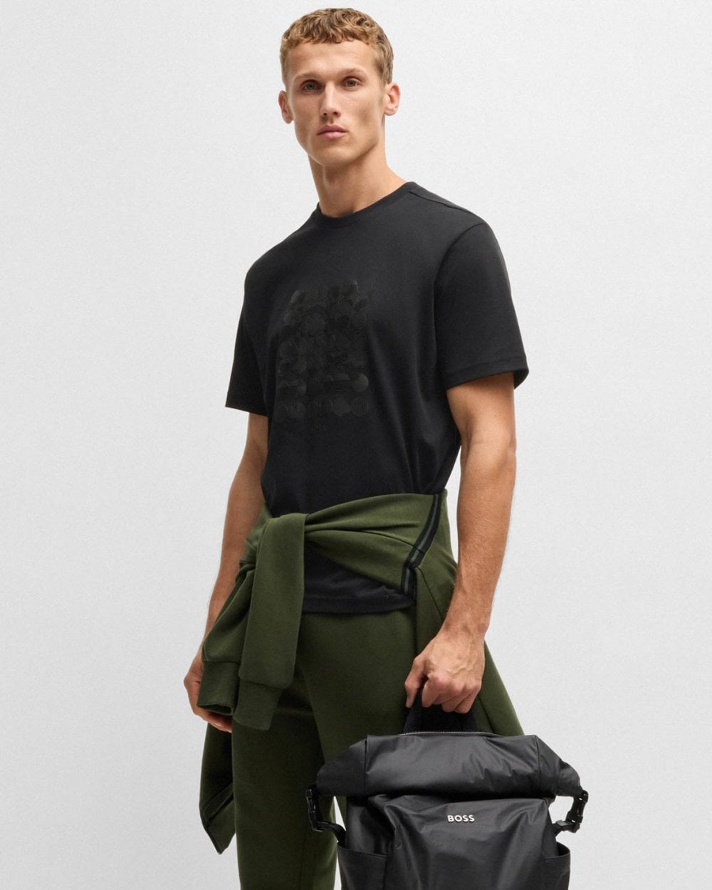 BOSS Green Tee Mens Interlock-Cotton T-Shirt with Circle Artwork - Black 001