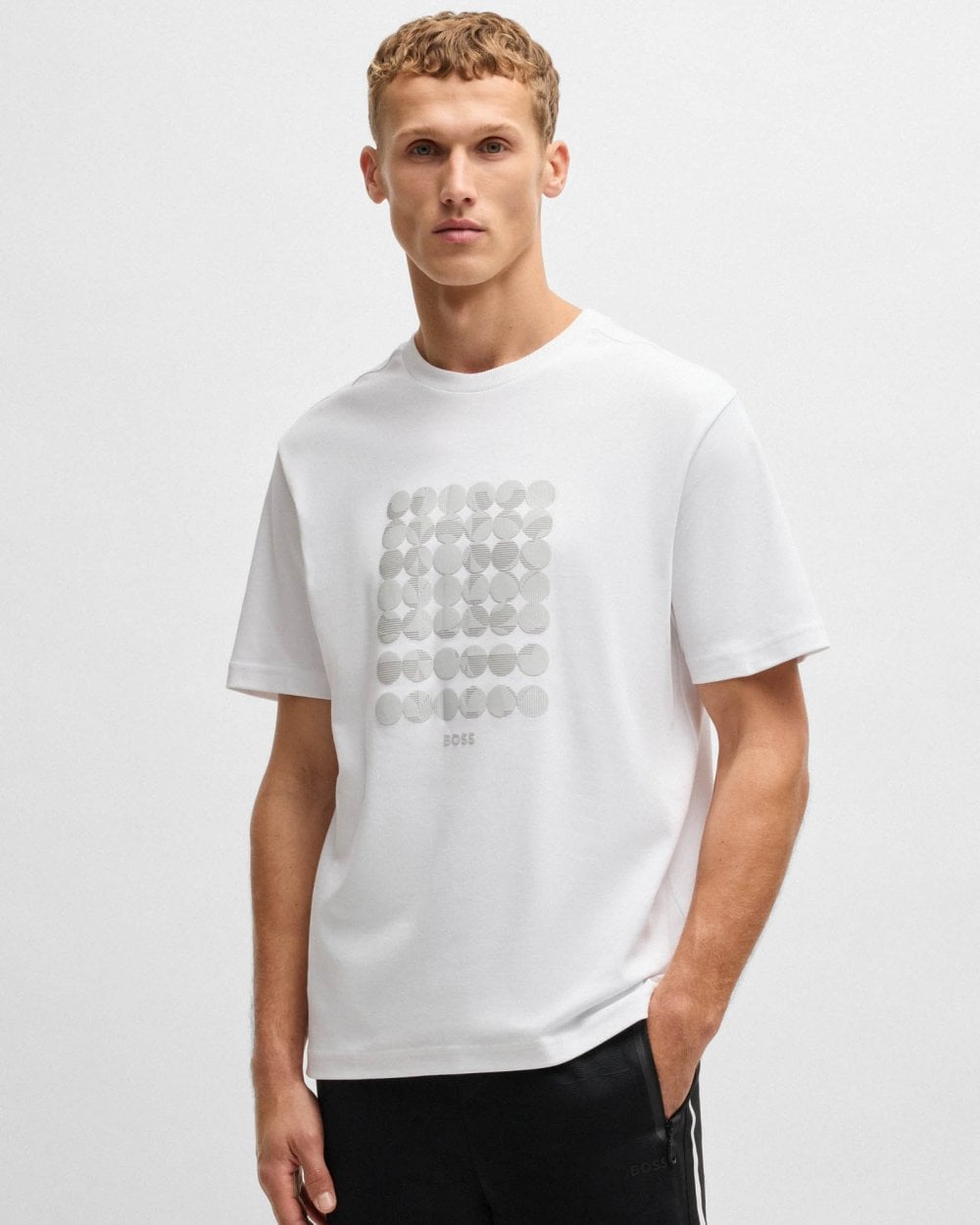 BOSS Green Tee Mens Interlock-Cotton T-Shirt with Circle Artwork - White 100