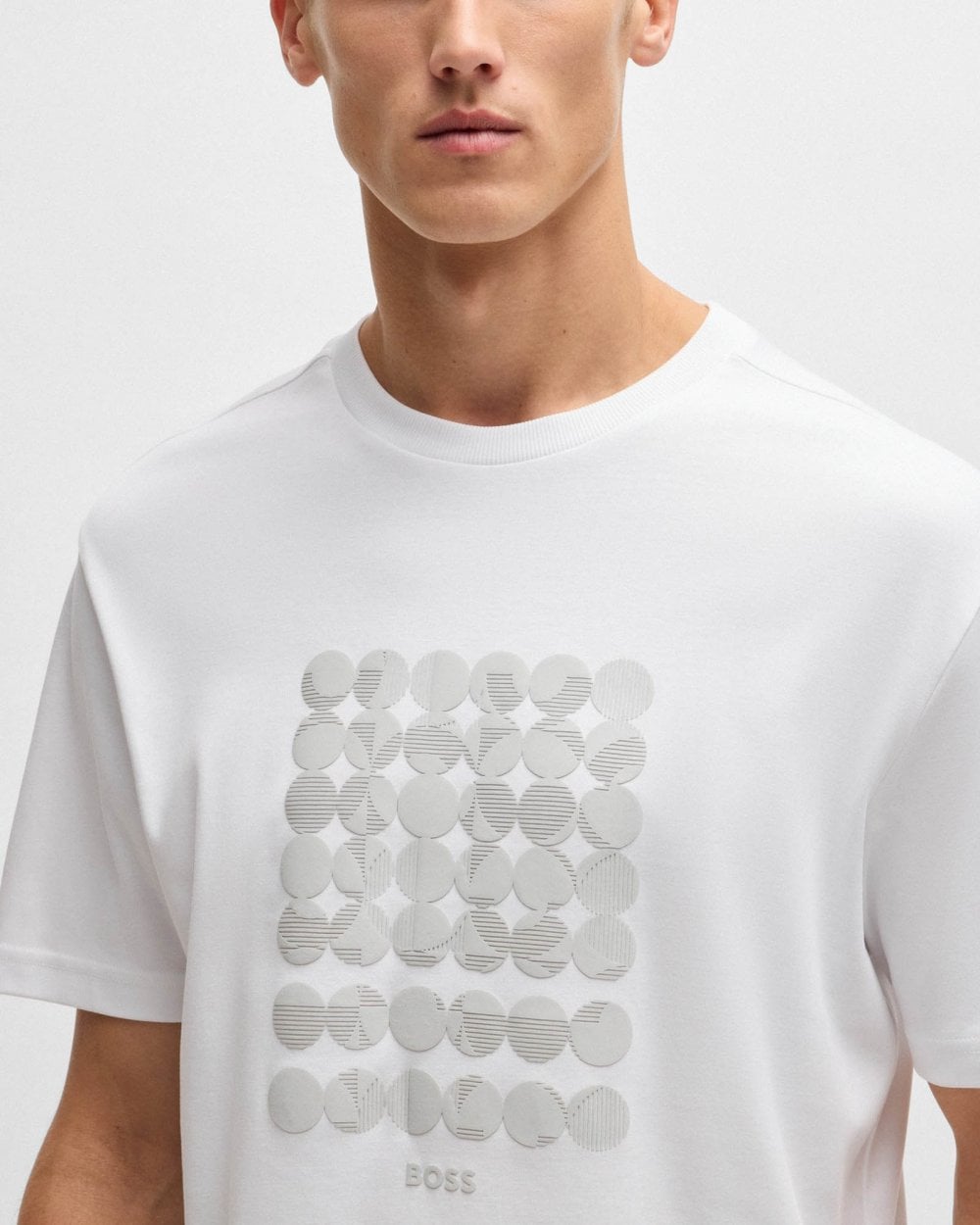 BOSS Green Tee Mens Interlock-Cotton T-Shirt with Circle Artwork - White 100