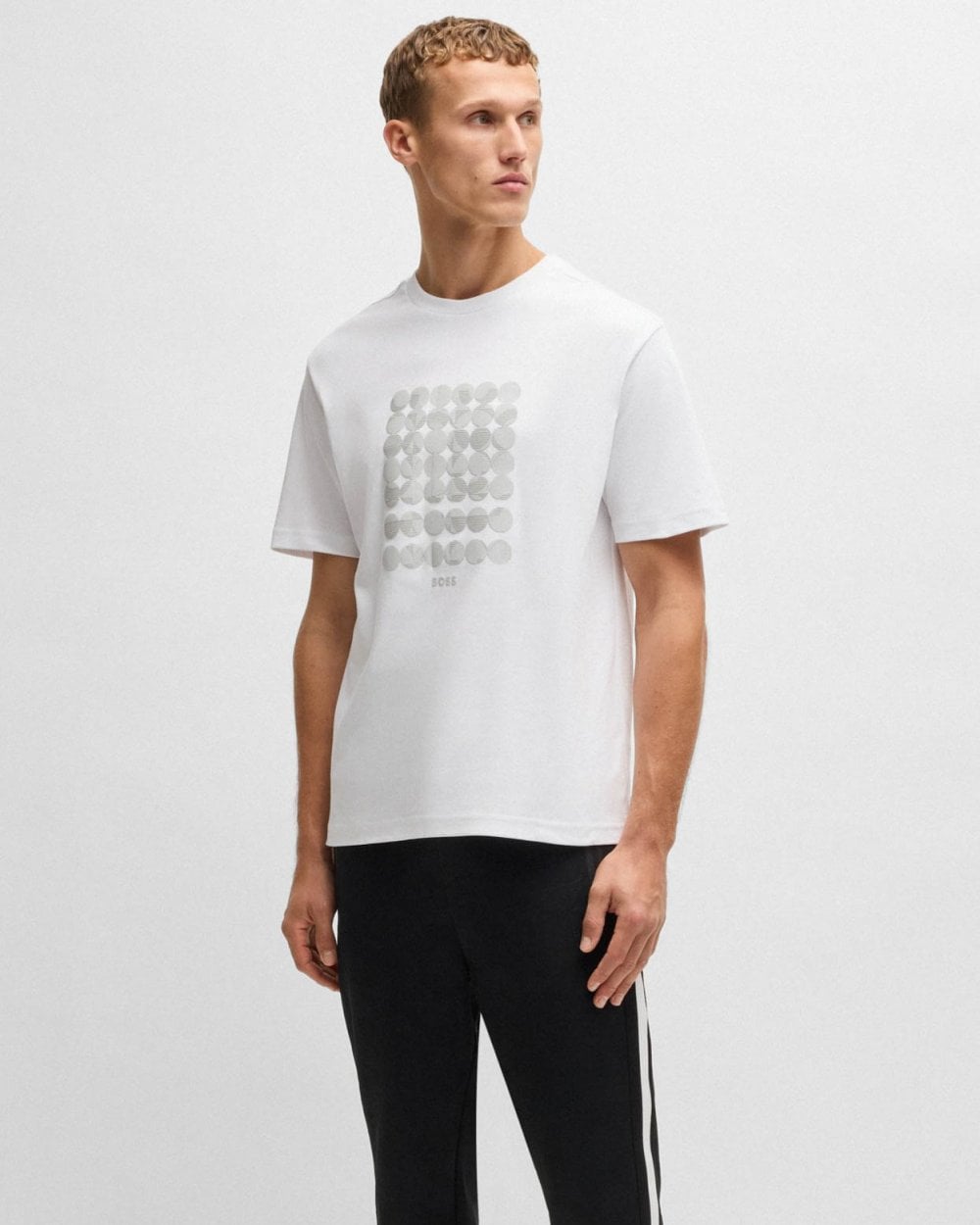 BOSS Green Tee Mens Interlock-Cotton T-Shirt with Circle Artwork - White 100