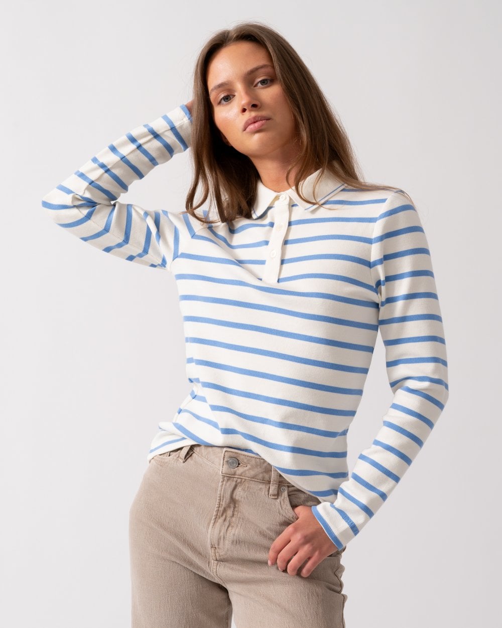 Joules Fairfield Womens Ribbed Polo 224303 - Cream/Blue