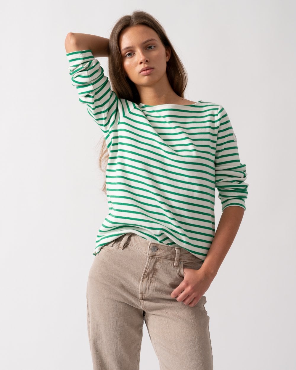 Joules Harbour Womens Broad Stripe Breton Top - Green Stripe