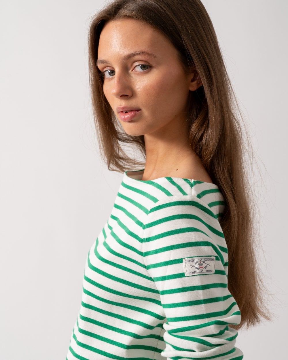 Joules Harbour Womens Broad Stripe Breton Top - Green Stripe