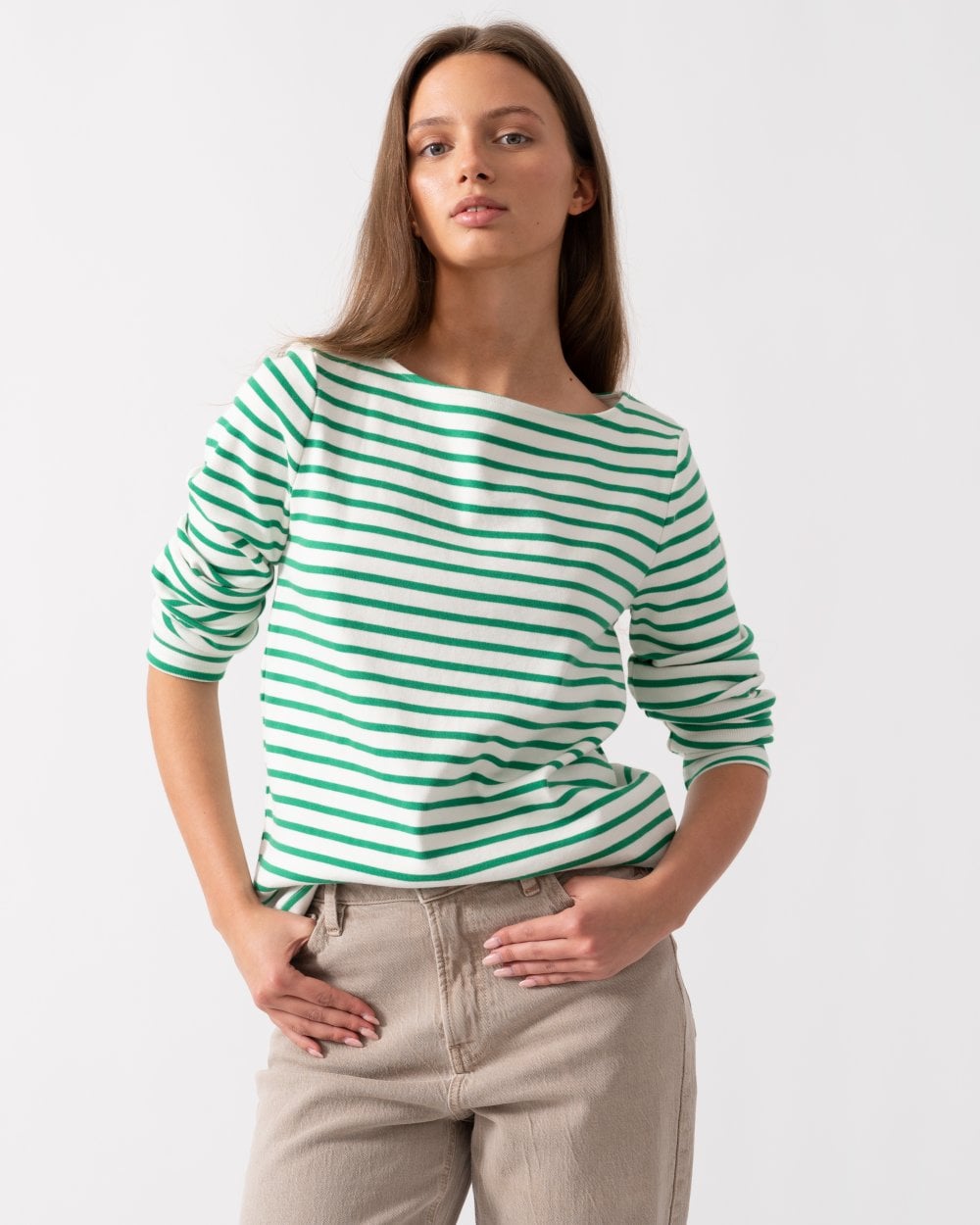 Joules Harbour Womens Broad Stripe Breton Top - Green Stripe