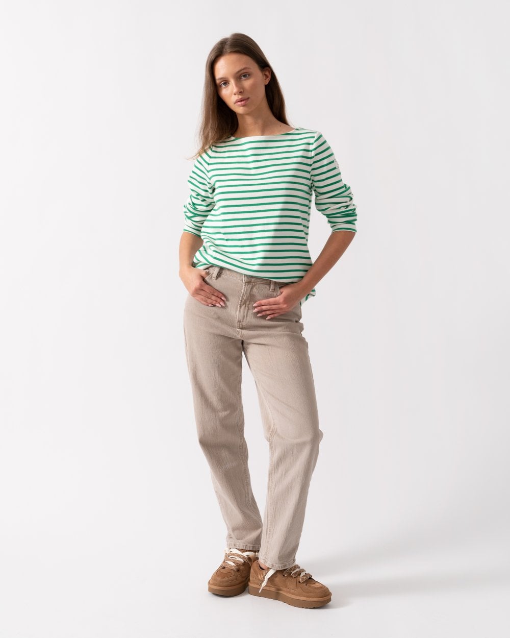 Joules Harbour Womens Broad Stripe Breton Top - Green Stripe