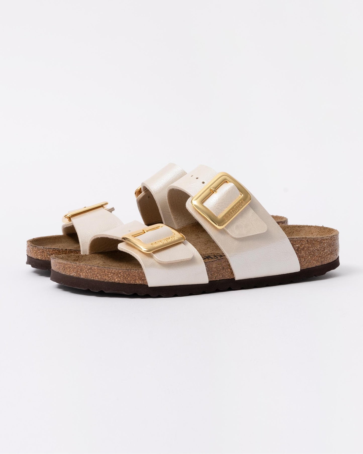 Birkenstock Sydney Cushion Big Buckle Womens Birko-Flor Patent Sandals - Graceful Pearl White