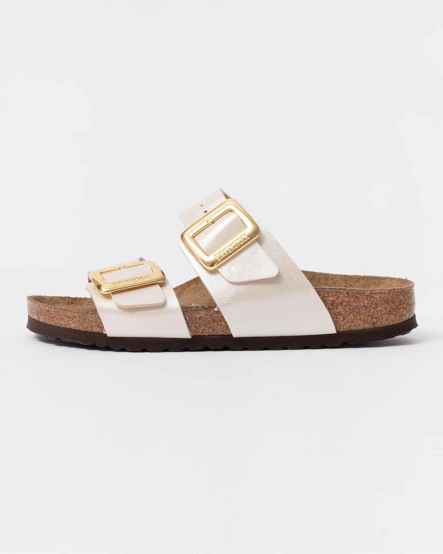 Birkenstock Sydney Cushion Big Buckle Womens Birko-Flor Patent Sandals - Graceful Pearl White