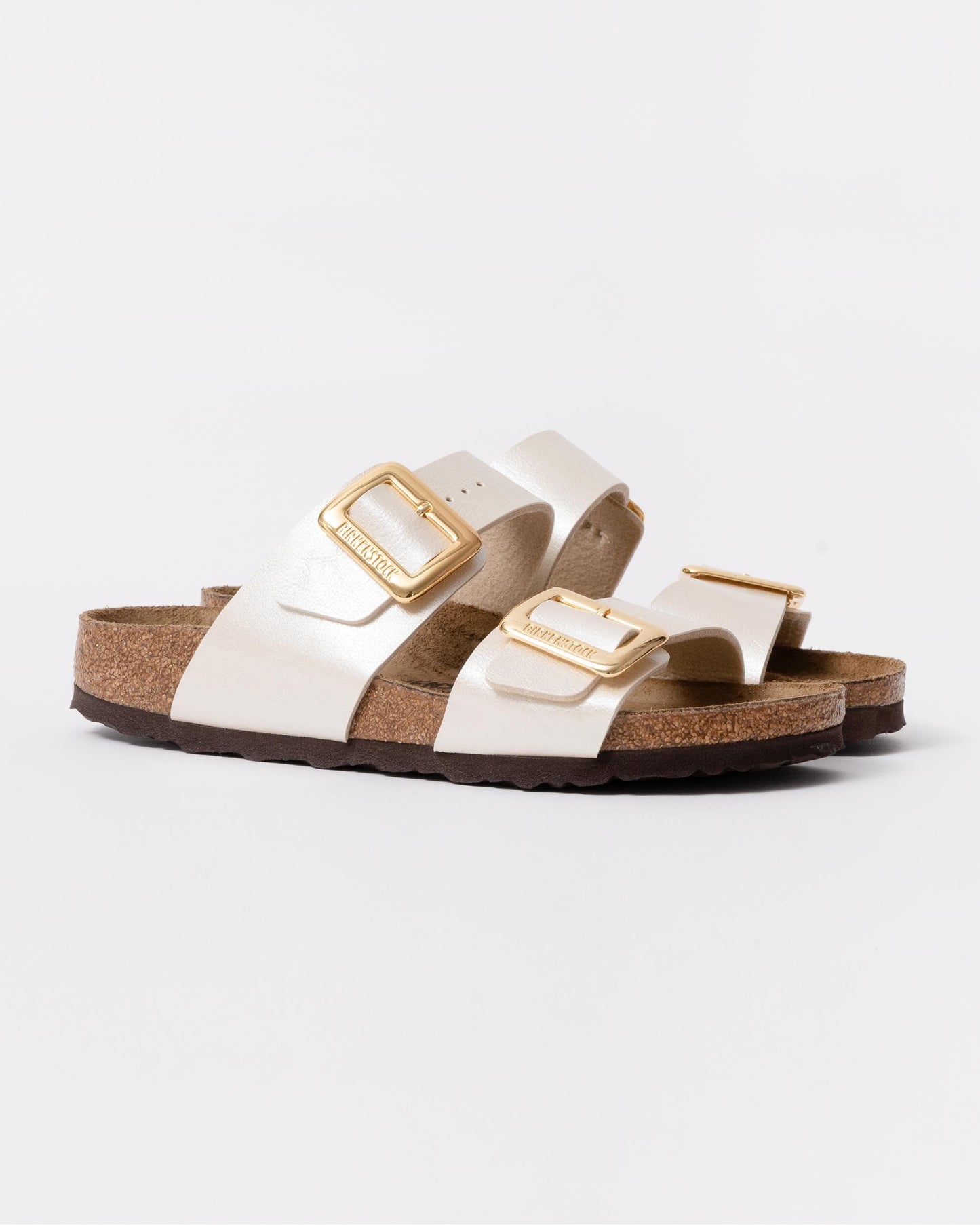 Birkenstock Sydney Cushion Big Buckle Womens Birko-Flor Patent Sandals - Graceful Pearl White