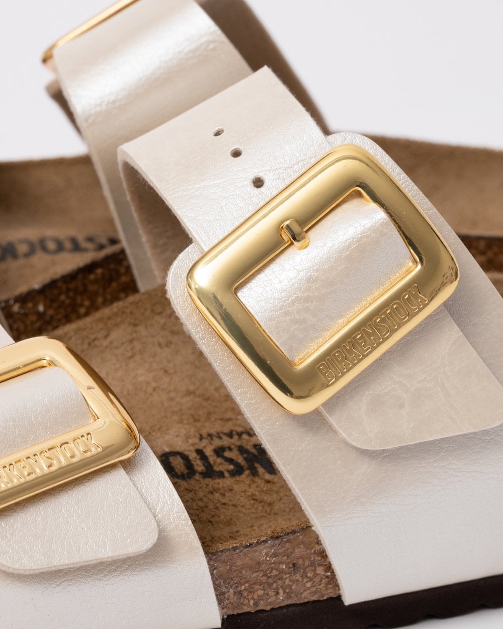 Birkenstock Sydney Cushion Big Buckle Womens Birko-Flor Patent Sandals - Graceful Pearl White