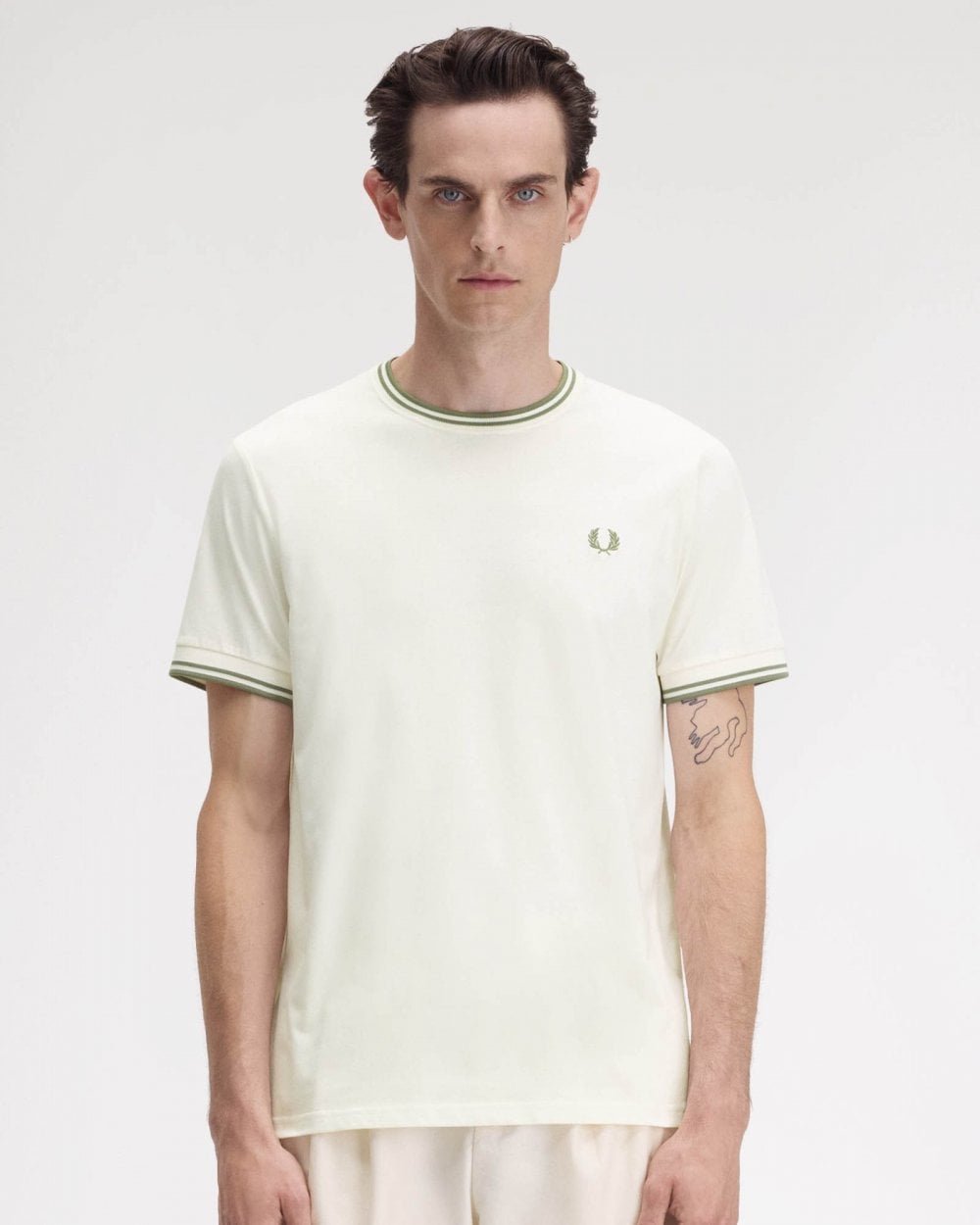 Fred Perry Mens Twin Tipped T-Shirt - Light Ecru/Olive Mint  Y54