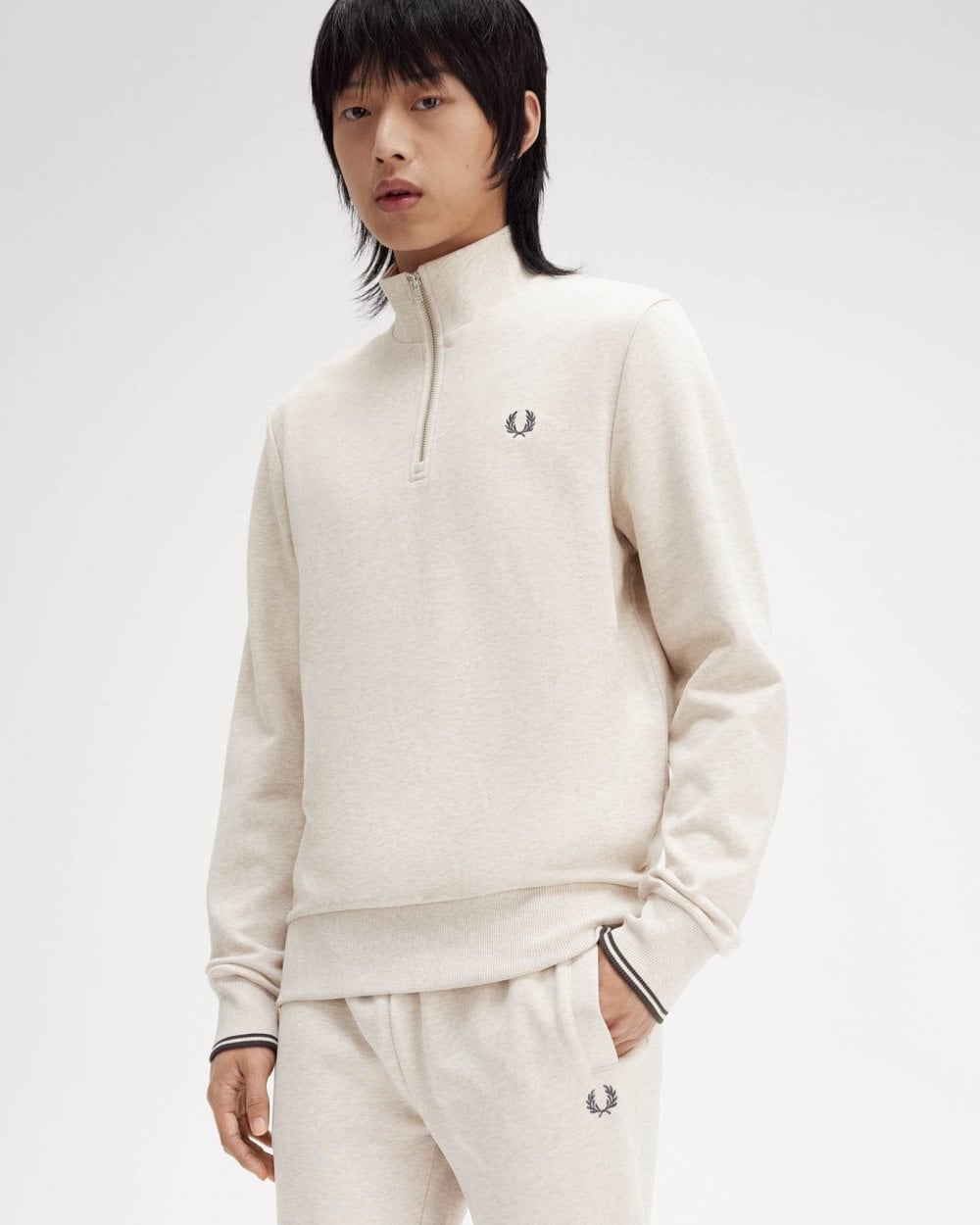 Fred Perry Mens Half Zip Sweatshirt - Porridge Marl/Anchor Grey W50